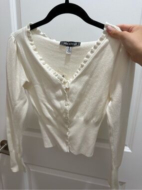 Urban Outfitters Cream Ruffle-Trim Button Cardigan